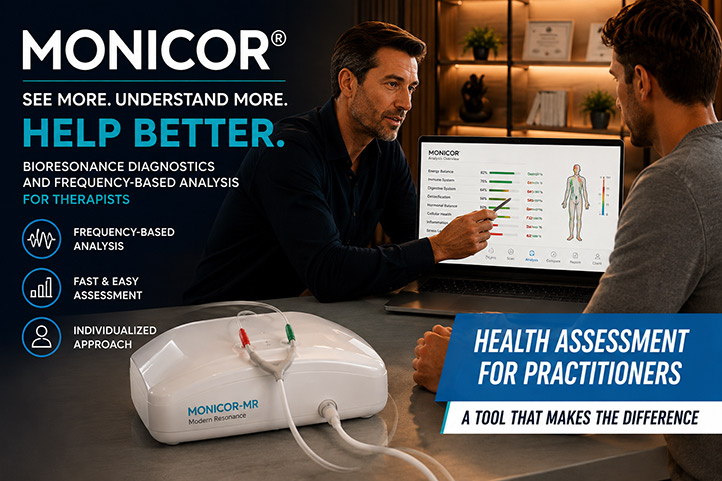 Therapist using the MONICOR bioresonance diagnostic system for frequency-based analysis