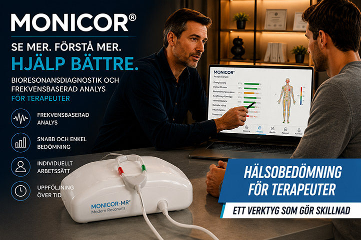 Terapeut använder MONICOR för bioresonansdiagnostik och frekvensbaserad analys